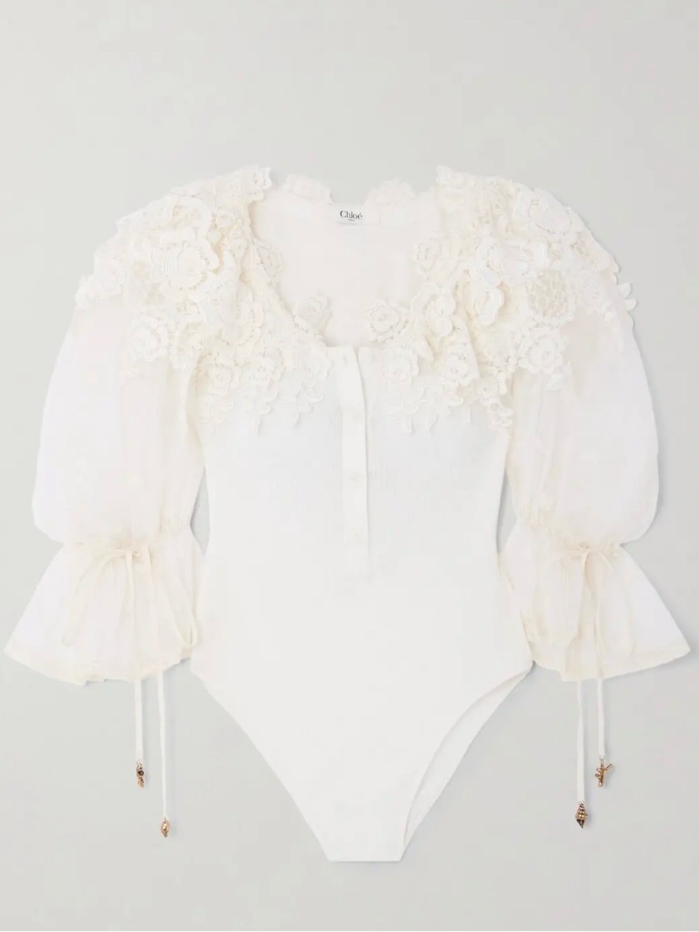 Chloé Ivory Floral Appliqué Puff-Sleeve Bodysuit
